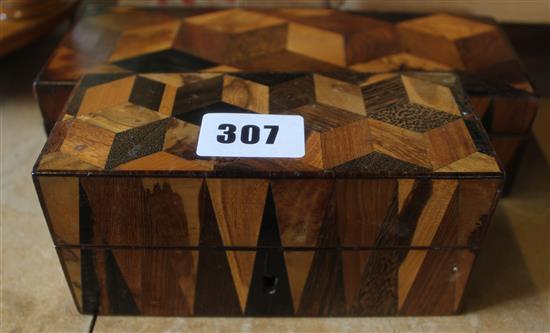 Tunbridge Ware glove box with specimen wood cubes and Vandykes and a similar perfume bottle box